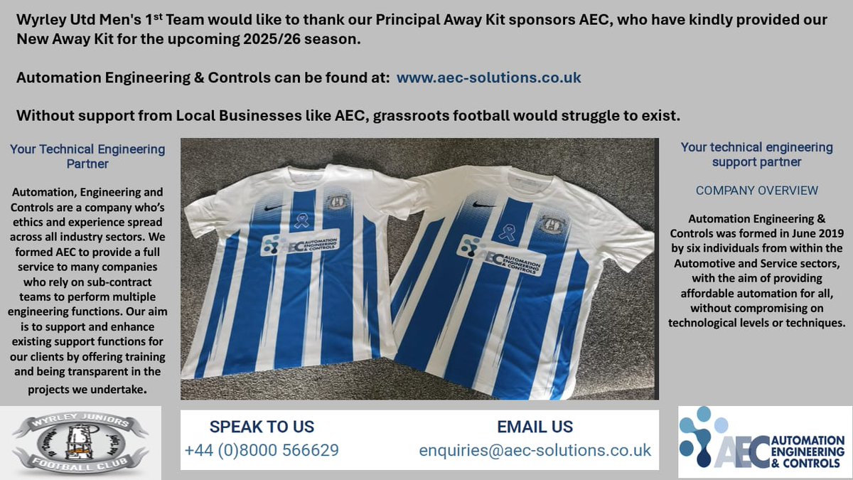 Wyrley Utd Men's 1st would like to thank our Away kit sponsors AEC for providing our kit for 2025/26 season.