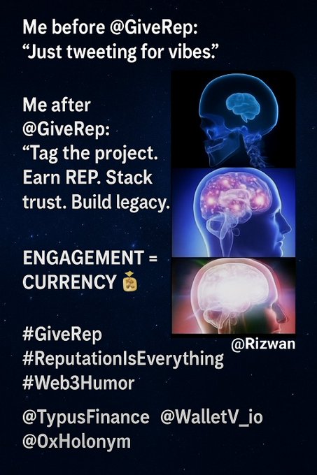 Abdulla94156997's tweet image. Me before
@GiveRep
: “Just tweeting for vibes.”  Me after

@GiveRep
: “Tag the project. Earn REP. Stack trust. Build legacy.”  ENGAGEMENT = CURRENCY 💰 #GiveRep #ReputationIsEverything #Web3Humor
@TypusFinance

@WalletV_io
@0xHolonym