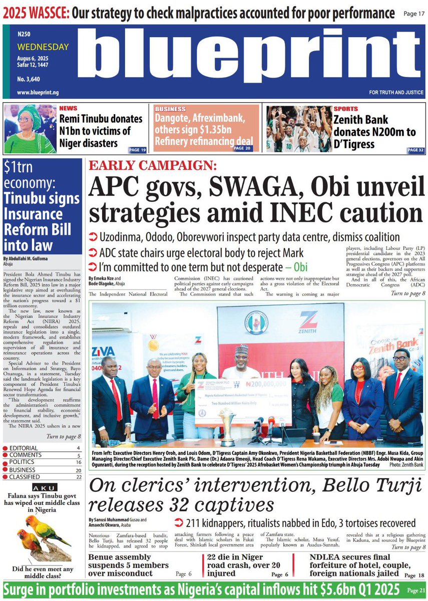 Blueprint_ng's tweet photo. MAJOR HEADLINES- 06/08/2025

#APC #SWAGA #INEC #ZenithBank https://t.co/NrdOUxOz9a