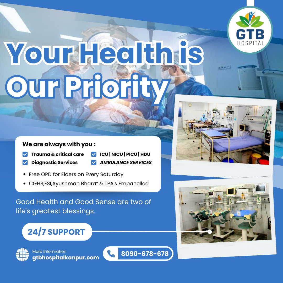 HospitalGtb's tweet image. Exceptional care for your exceptional life 🤞🫂
.
.
Emergency Services 24/7 🕖
.
.
📞 Book an appointment now at 8090-678-678
.
.
📌 GTB HOSPITAL 
📍 120/192,Lajpat Nagar,Kanpur 

 #hospitalnearme #medicalcare #urgentcare #doctorsnearme #bestdoctorsinkanpur #treatment