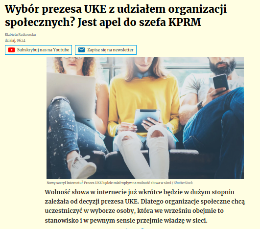 Watchdog Polska (@siecobywatelska) on Twitter photo Trudno się dziś będzie przebić, ale spróbujemy.
O apelu 35 organizacji do <a href="/JanGrabiec/">Jan Grabiec</a> ws. transparentnych wyborów Prezesa <a href="/UKE_GOV_PL/">UKE</a> pisze <a href="/gazetaprawnapl/">gazetaprawna.pl</a> -
gazetaprawna.pl/firma-i-prawo/… Trudno się dziś będzie przebić, ale spróbujemy.
O apelu 35 organizacji do <a href="/JanGrabiec/">Jan Grabiec</a> ws. transparentnych wyborów Prezesa <a href="/UKE_GOV_PL/">UKE</a> pisze <a href="/gazetaprawnapl/">gazetaprawna.pl</a> -
gazetaprawna.pl/firma-i-prawo/…