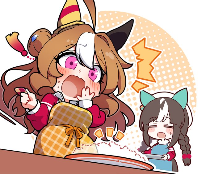 「ほら～、先に渡す分を分けておかないから…」 「え?…って、あ～ッ?!」 コパノリッキーとホッコータルマエ 以前ご応募いただいた案の組み合わせ二枚目になります #ウマ娘 #Umamusume