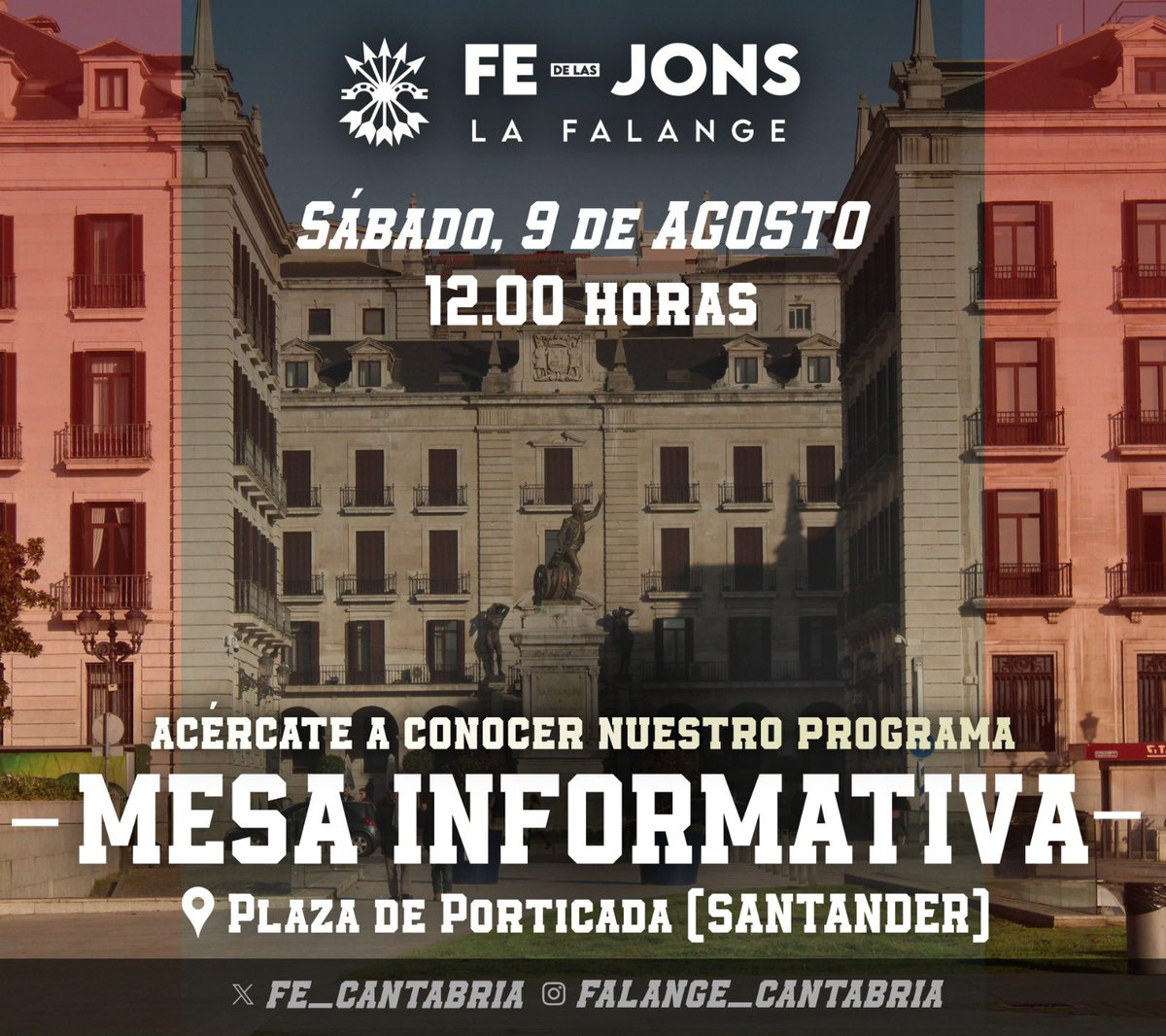 🏴 Este sábado nos encontrarás a las 12.00 en la Plaza Porticada de Santander.

- Instalaremos una mesa informativa…
- Podrás conocer a nuestros militantes y órganos de representación…

¡Acércate a conocer nuestro programa!

🇪🇸 🤚🏼