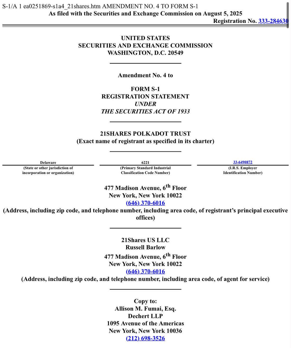 EmilKietzman's tweet image. 21Shares updates the Polkadot ETF filing! 🚨

Previous one had comments till Jul 18
&amp;amp; rebuttal comments Aug 1.

The feedback seems minimal.

🔹GENIUS Act signed by Trump Jul 18 was added to filing to strengthen the case.

Polkadot ETF coming? 👀