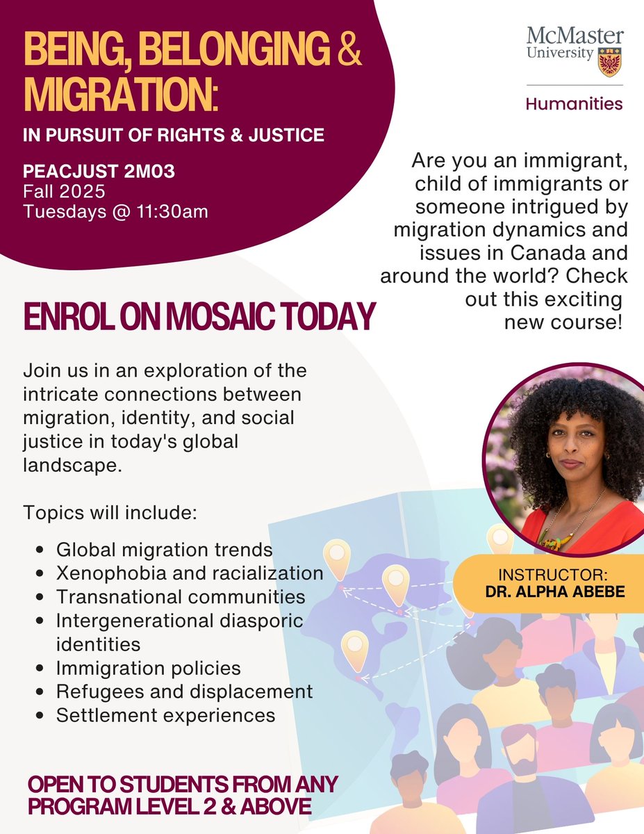 Are you an immigrant, child of immigrants or someone intrigued by migration dynamics and issues in Canada and around the world? There's an exciting new course that might be right for you. 

Check out PEACJUST 2M03 on Mosaic today.