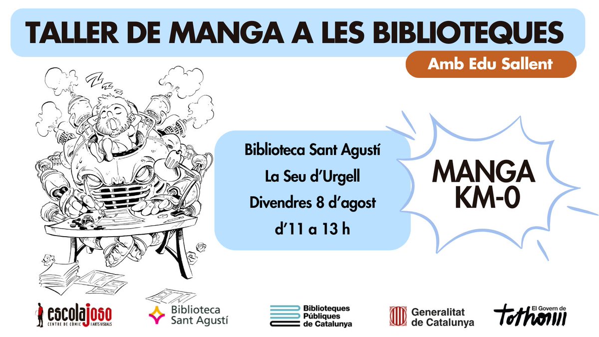 bibliotequescat's tweet photo. 🎨 Vols aprendre a dibuixar #manga amb un professional?

📚 Vine al taller de manga impartit per l'Edu Sallent de l'@EscolaJoso!

🗓️ Divendres 8 d'agost d'11 a 13h

📍 Biblioteca Sant Agustí, La Seu d'Urgell @BiblioSeuUrgell

#bibliotequescat @bibliotequeslle https://t.co/VMagxbJvdA