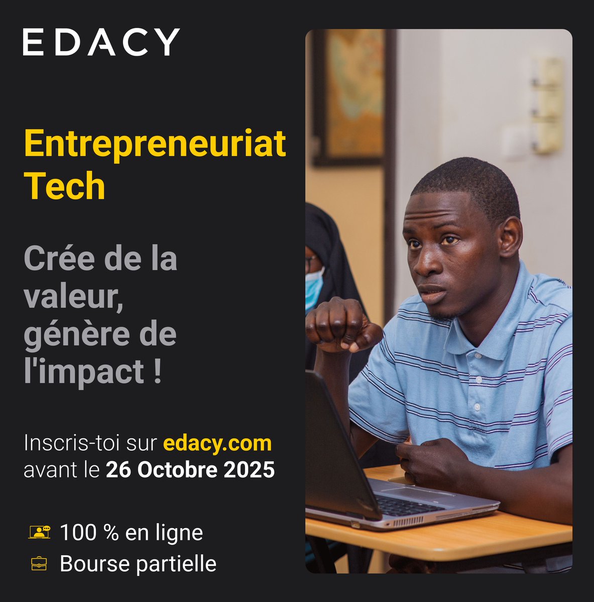 EDACYHQ's tweet photo. Vous avez une idée. 
Nous avons la méthode pour la transformer en une entreprise à succès. 💡

Lancez votre startup avec notre programme Entrepreneuriat Tech !
Apprenez à créer de la valeur et à générer un impact réel !
100% en ligne pour les fondateurs au 🇸🇳🇨🇮🇧🇯🇹🇬
Bourses dispos https://t.co/9dVtrEsmyB