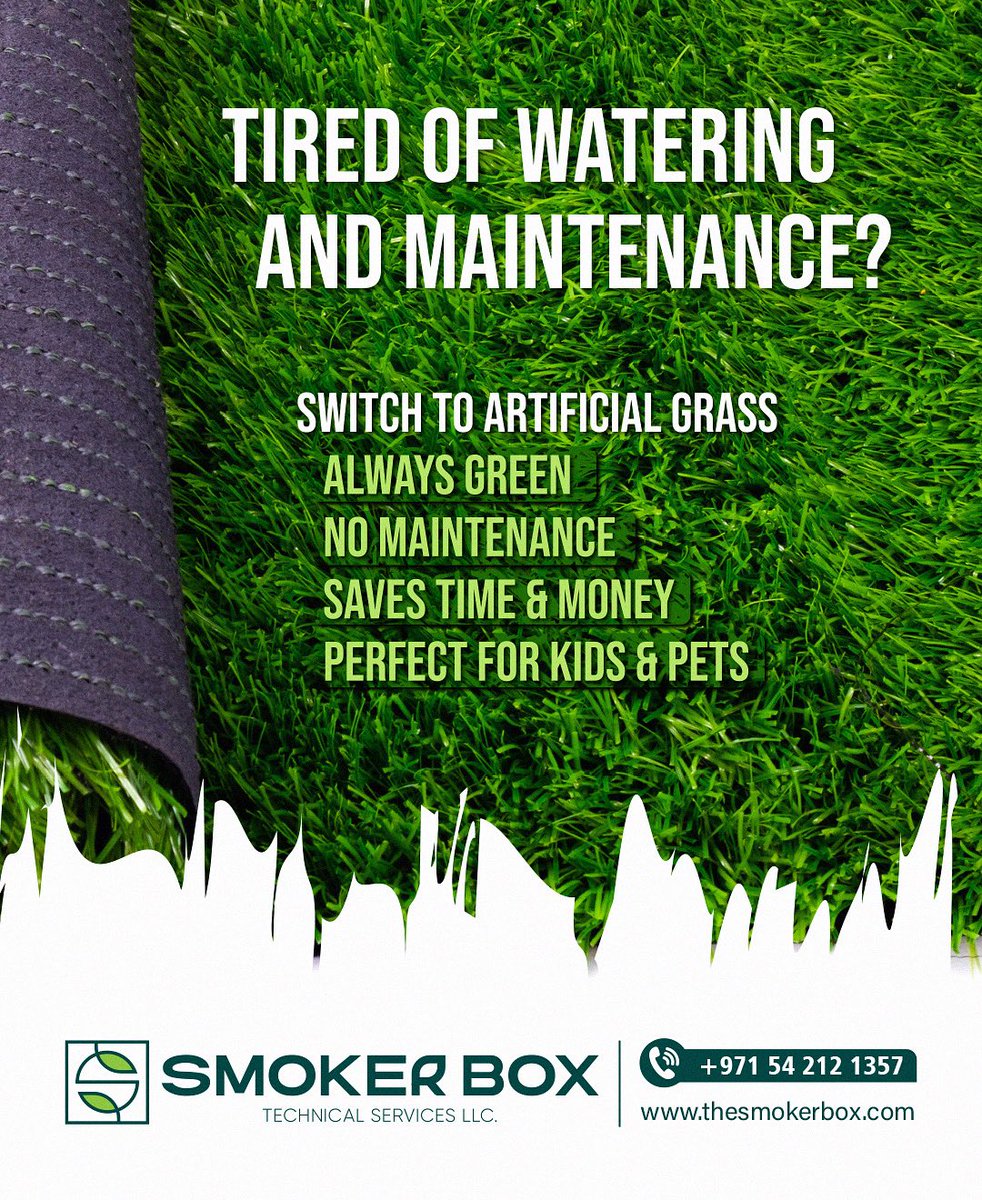 Smokerbox_ae's tweet image. 🌿 Say goodbye to watering and weekend lawn chores!
Switch to artificial grass with Smoker Box –
✅ Always Green
✅ Zero Maintenance
✅ Kid &amp;amp; Pet Friendly
✅ Saves Time &amp;amp; Money

📞 +971 54 212 1357 | 🌐 thesmokerbox.com
#ArtificialGrass #LawnCareMadeEasy #SmokerBox #Dubai