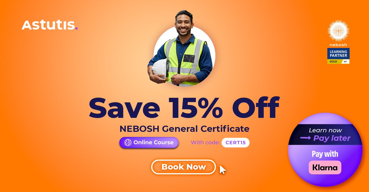 🚨 15% OFF NEBOSH Online Certificate – Ends 15 Aug!

Now with Klarna Buy Now, Pay Later 💥

✔️ Split into 3 payments
✔️ No fees
✔️ Start learning now

Your career. Your terms.
🔗 ow.ly/fiy350WpNQq

#NEBOSH #BuyNowPayLater #Astutis #OnlineLearning #Klarna
