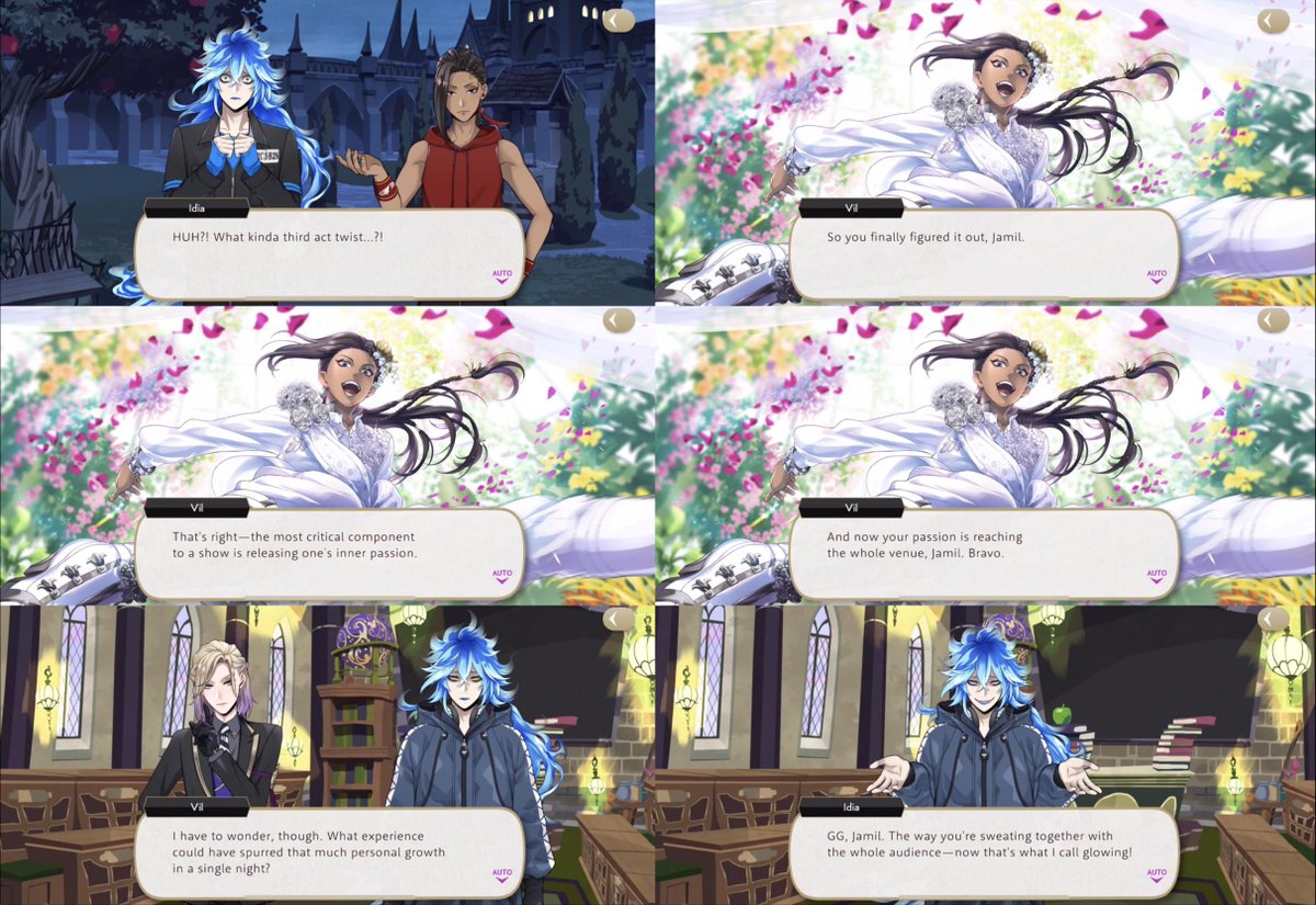 YuuRei20's tweet image. --and earns Vil’s praise. Vil says, “That's right-the most critical component to a show is releasing one's inner passion. And now your passion is reaching the whole venue, Jamil. Bravo.”

After Vil’s overblot Jamil comes up with the idea for explaining things away.
5/10