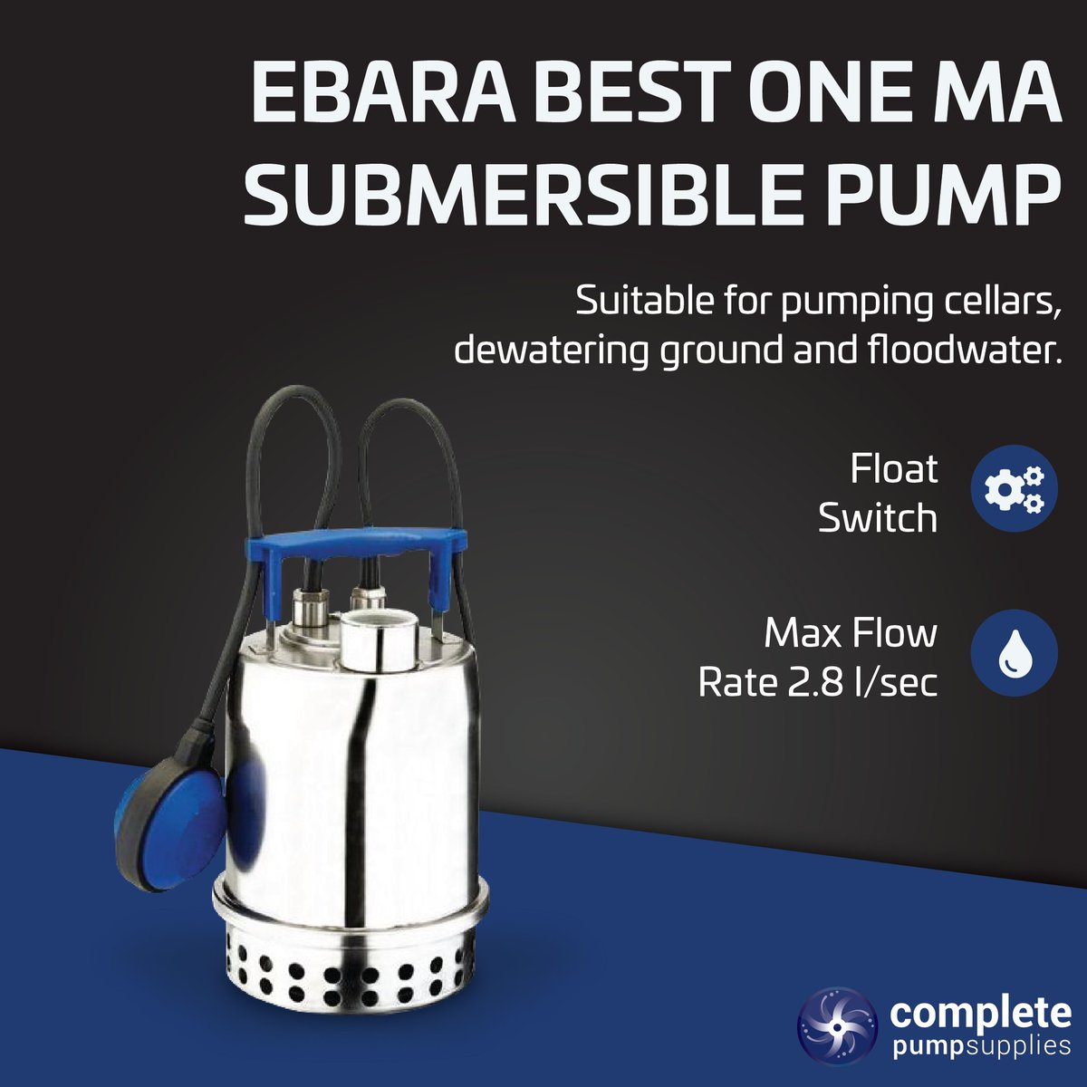 Dealing with unwanted water? 💧

The Ebara BEST ONE MA submersible drainage pump is suitable for clear water with AISI 304 stainless steel hydraulics, 0.25kW motor &amp; float switch. Suitable for pumping cellars, dewatering ground &amp; floodwater.

Shop today 👉 loom.ly/bY0oE3o