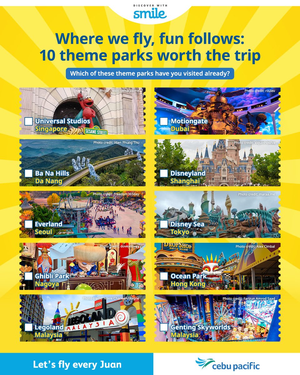 CebuPacificAir's tweet photo. From Tokyo’s most magical place to Dubai’s futuristic thrill rides, you can pick any of these 10 best theme parks around Asia! Which of these are you visiting next?

Don’t miss out ➡️https://t.co/HRKESjg14x 😉✈️

 #SmilewithCEB #LetsFLyEveryJuan https://t.co/llO39q42nd