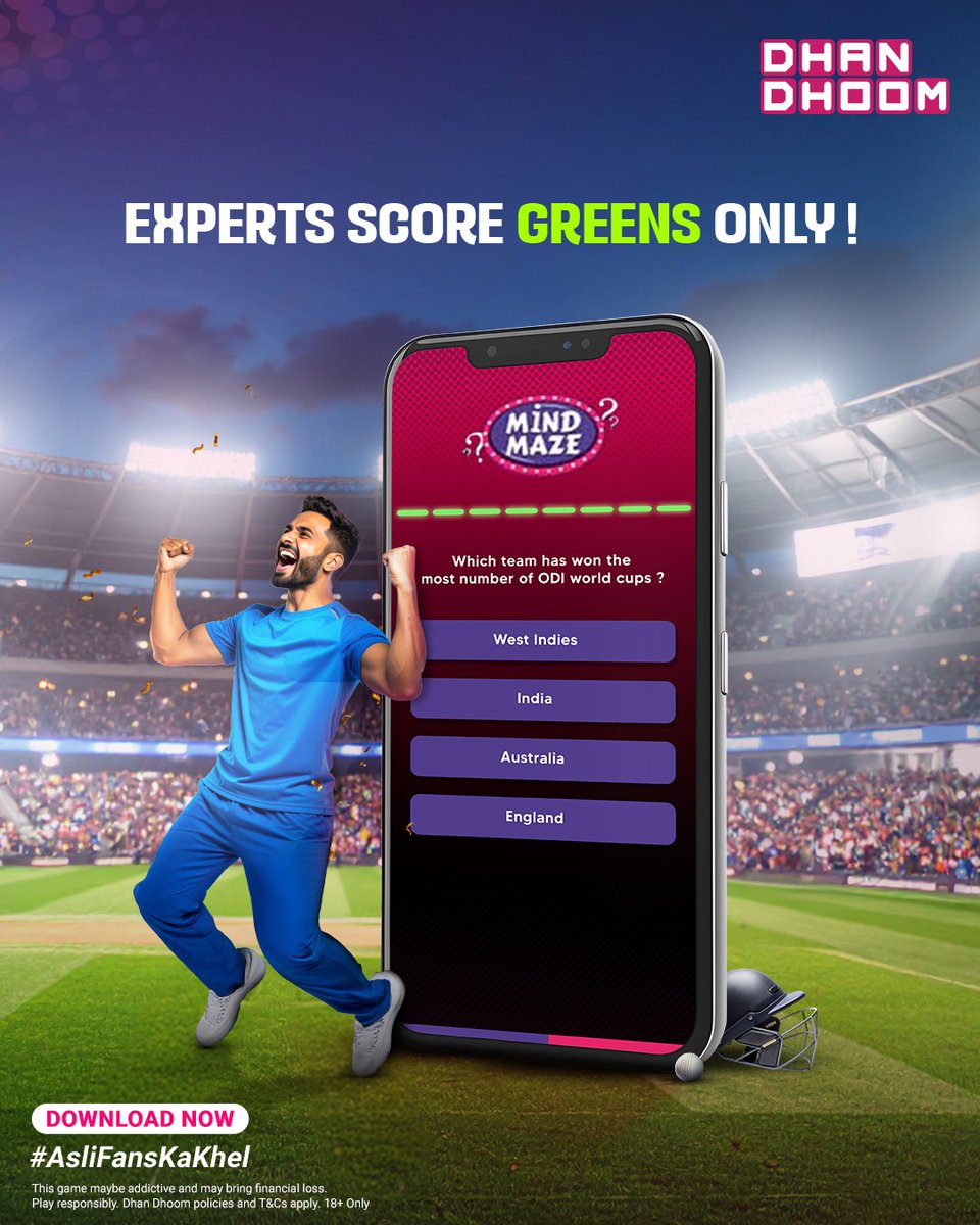 DhanDhoom's tweet image. Green is all that #AsliFans score. ​
Getting red? Try again in Mind Maze on Dhan Dhoom.​

📲 Dhan Dhoom app available on iOS and Android. Download now!  ​

#AsliFansKaKhel #PlayFantasyCricket #FantasyCricketLeague #FantasyCricket #DhanDhoom #PlayAndWin #EngVsInd #AsliFansKaTest
