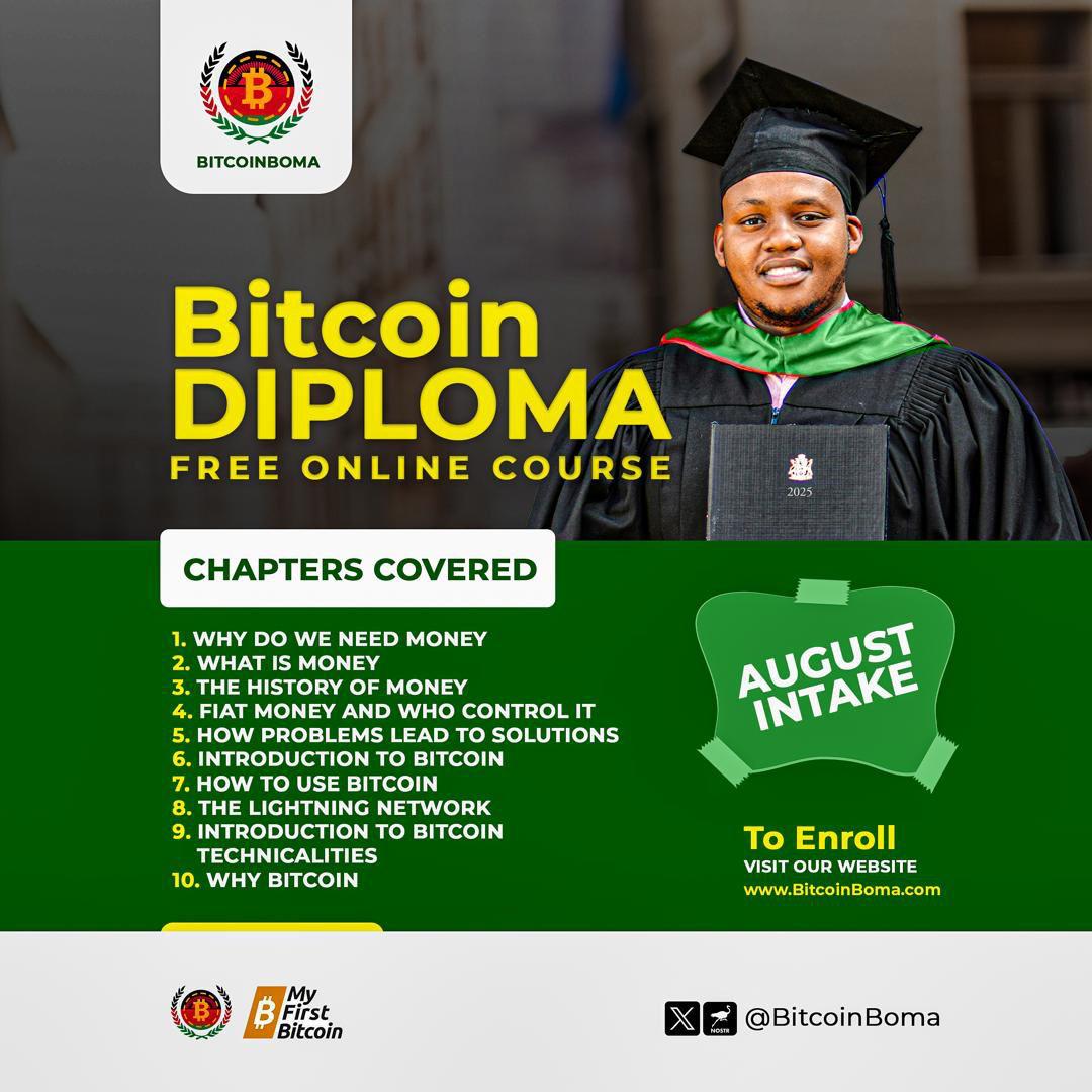 Canalmw98's tweet image. It's Time to register for Bitcoin Diploma Free online course

August intake 

To Enroll visit 👉🏾docs.google.com/forms/u/1/d/e/… 🎓

Get that paper  now 📍 

docs.google.com/forms/u/1/d/e/…

#BitcoinEducation #BitcoinBoma #MyFirstBitcoin #FinancialFreedom #Malawi #AfricaOnBitcoin