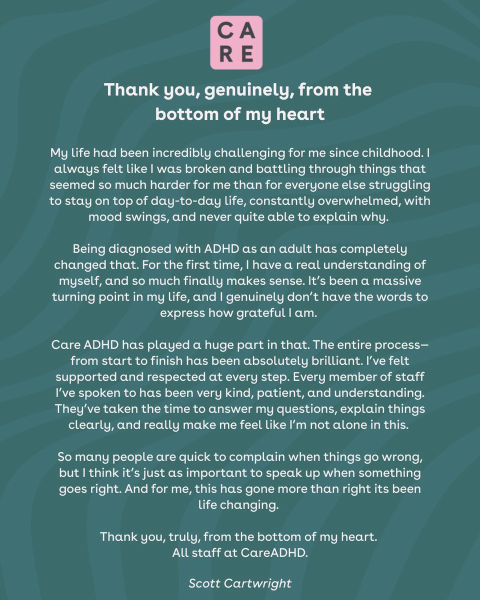 Every journey shared helps break down stigma and builds a stronger ADHD community. We’re grateful to our patients for trusting us with their stories because real experiences show why accessible, compassionate care is so important. 💚🩷

 #CareADHD
