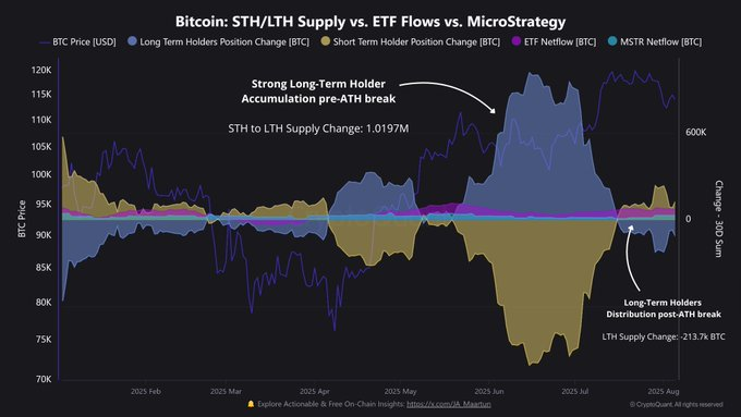 CryptoQuant：链上数据表明10.8万至11.2万美元区间有较强支撑，当前回调属正常现象

据CryptoQuant分析师Maartunn分析，比特币近日创下历史新高，但长期持有者开始逢高抛售，其中包括一个Satoshi时代的钱包出售了8万枚比特币。
