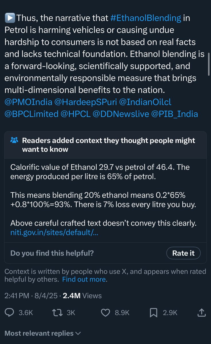 Indian govt lied about ethanol blended petrol.

But <a href="/X/">X</a> saved the day!

Clearly the best social media on the planet!