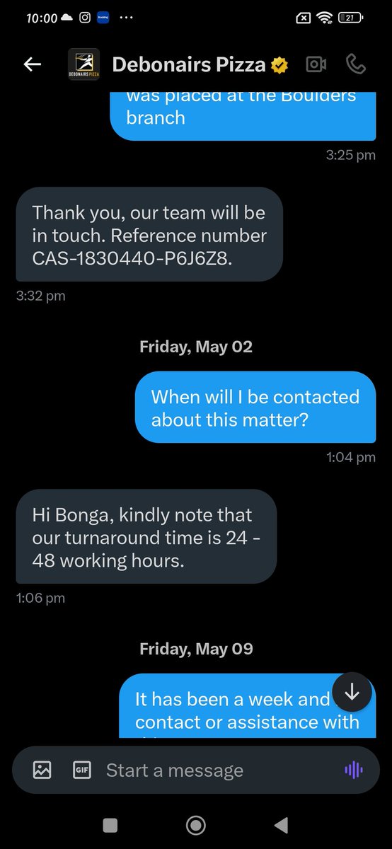 iNkathazo's tweet photo. I had a delivery issue April 30 with @DebonairsPizza and tweeted about it then they advised me to DM them. Up until today that issue has not been resolved instead I keep getting told someone will contact me yet they said ETA is 24-48hrs. I'm tired of the lies!! https://t.co/Tv7U3gVgi0