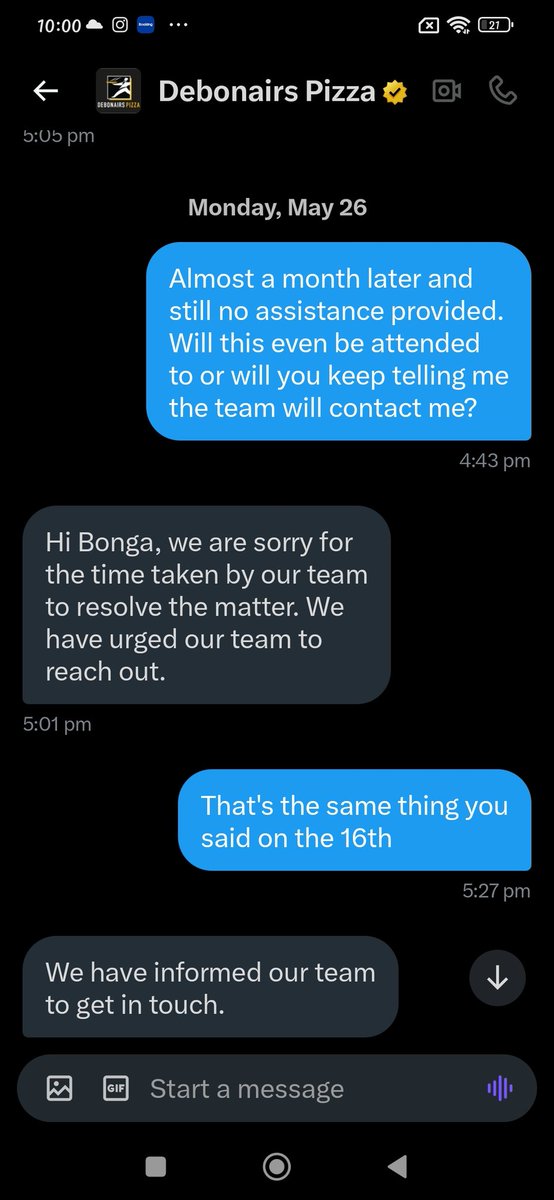 iNkathazo's tweet photo. I had a delivery issue April 30 with @DebonairsPizza and tweeted about it then they advised me to DM them. Up until today that issue has not been resolved instead I keep getting told someone will contact me yet they said ETA is 24-48hrs. I'm tired of the lies!! https://t.co/Tv7U3gVgi0