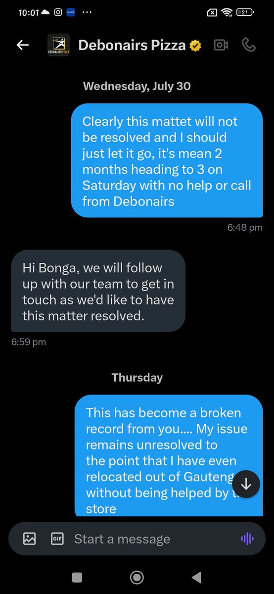 iNkathazo's tweet photo. I had a delivery issue April 30 with @DebonairsPizza and tweeted about it then they advised me to DM them. Up until today that issue has not been resolved instead I keep getting told someone will contact me yet they said ETA is 24-48hrs. I'm tired of the lies!! https://t.co/Tv7U3gVgi0
