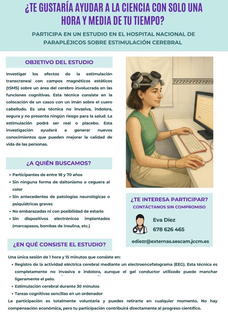 Se buscan voluntarios para participar en un estudio sobre estimulación cerebral en  <a href="/FENNSIgroup/">FENNSI</a> de <a href="/HNParaplejicos/">H. N. Parapléjicos</a> <a href="/idiscam/">IDISCAM</a>. Si estás por Toledo, anímate a participar!