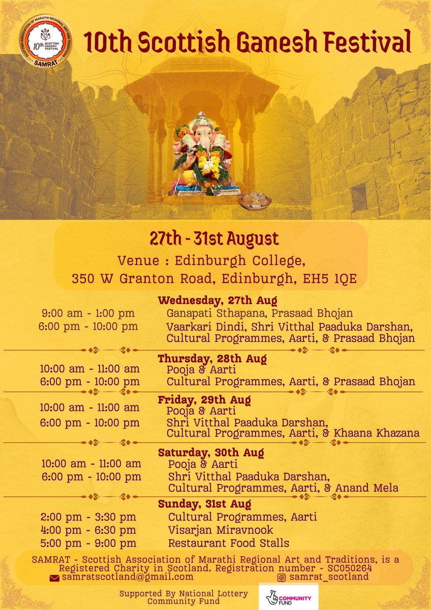 Just 21 days to go!!
Join us in the grand celebrations of the 10th Scottish Ganesh Festival in Edinburgh and seek blessings from our beloved बाप्पा॥

SGF10 - Bringing generations and cultures together!
