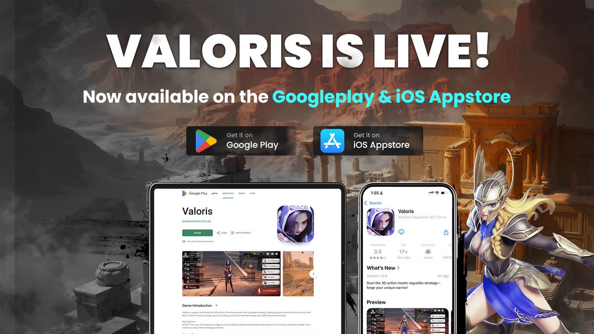 ⚔️ Valoris is NOW LIVE on iOS &amp; Android!

The first Web3 game on <a href="/BNBCHAIN/">BNB Chain</a> built with the GameBuild SDK has arrived.

Soulslike combat. Roguelike chaos. AI-powered PvP.
Train your fighter. Outsmart enemies. Conquer the arena.

💎 Launch Bonus: Log in daily and collect FREE