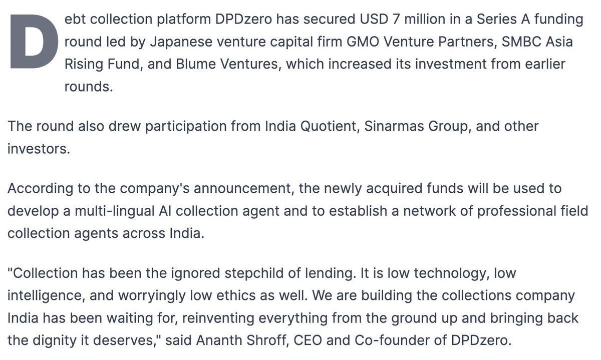 anmolm_'s tweet photo. two years after their seed, stoked to announce that DPDzero has raised a series a round with a bunch of sick firms (we are tiny participants in the round).

Ananth and Ranjith are killer founders, business is booming and they're on their way to build a full-stack collections co (ai agents 🤝 field agents)