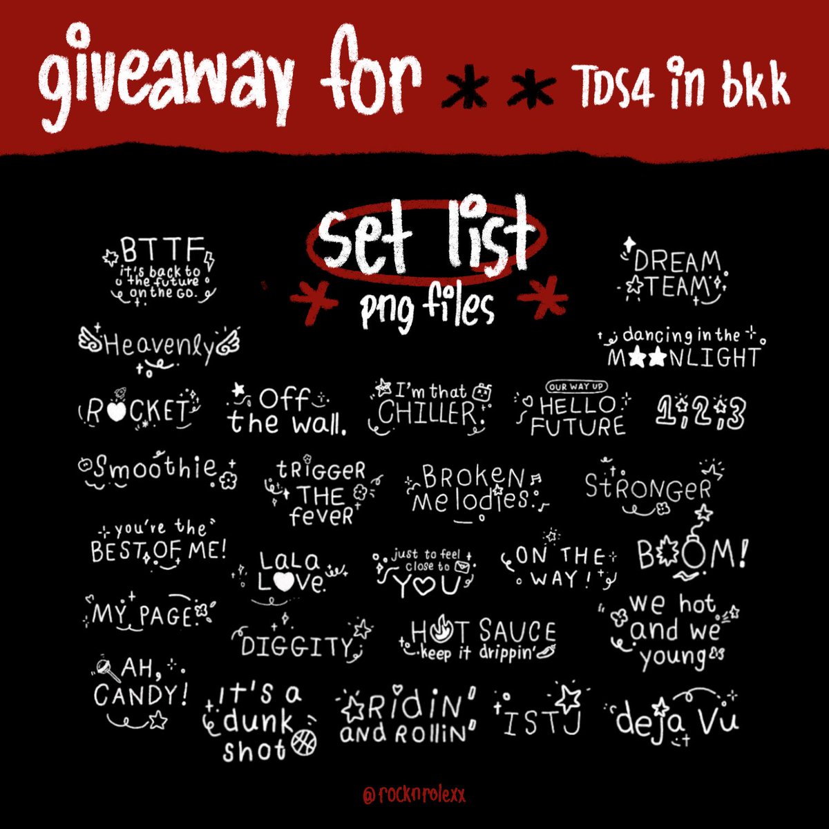 rocknrolexx's tweet photo. 🏎️⋆ pls kindly rt , rt before use 🏁

ㅡ giveaway set list tds4 (png files) ⛧

🔗 : https://t.co/9kq8P38whJ

personal use only / don’t repost &amp; use for commercial 🙇🏻‍♂️

#NCTDREAM_THEDREAMSHOW4_BANGKOK 
#THEDREAMSHOW4_in_BKK https://t.co/i7UEtmbOBr