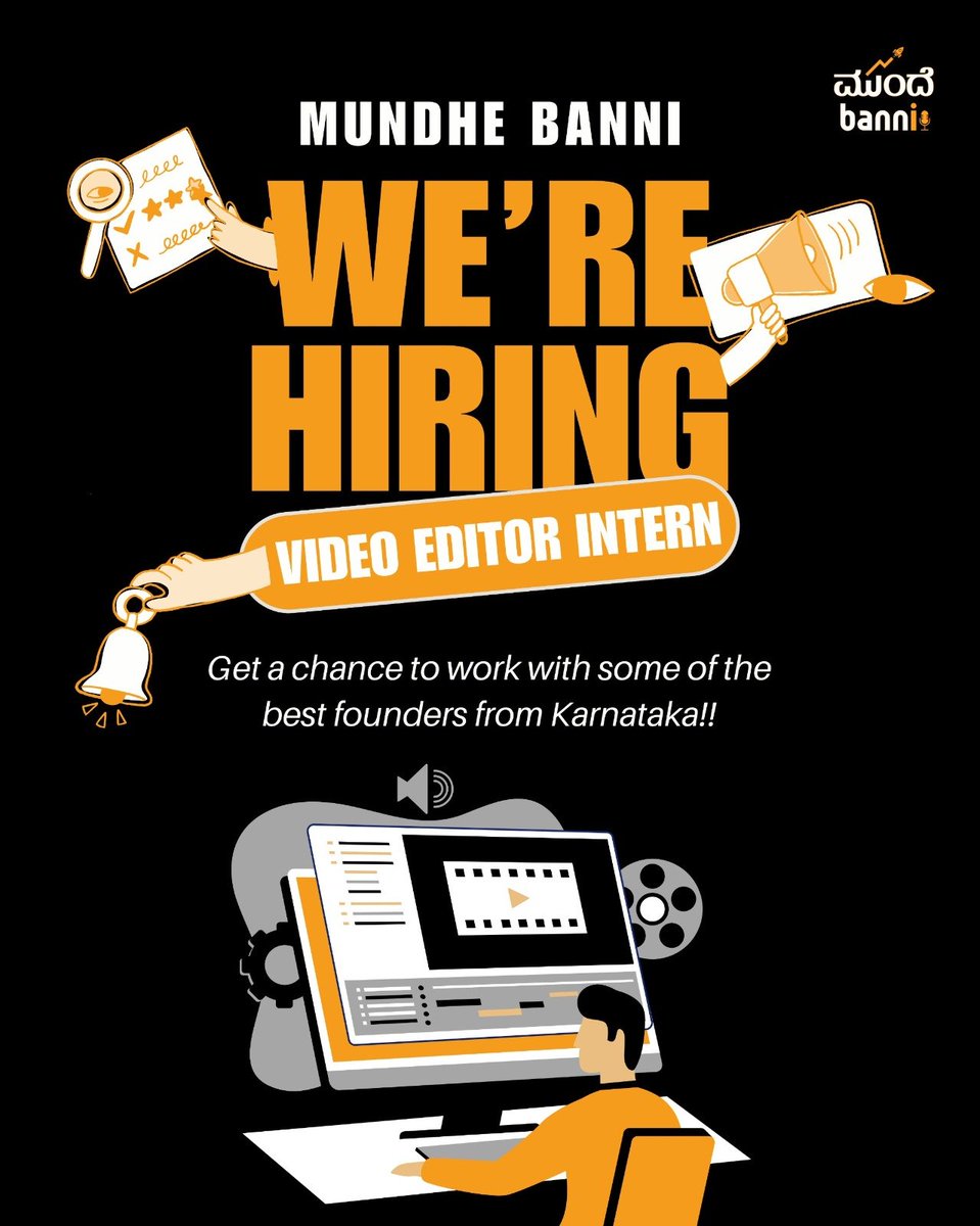 Internship alert!

<a href="/mundhebanni/">ಮುಂದೆ ಬನ್ನಿ</a> team is looking for an intern video editor. 3 months duration. Full time. 20k stipend / month. Send your portfolio link to contact@mundhebanni.com 

Retweet for good karma 🙏🙏