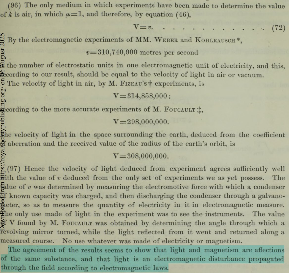 Pavan_KumarGV's tweet photo. Every year, I teach an optics course to physics majors (including physics iPhD students and MS Quantum Tech students). In the process of introduction, I discuss how light was discovered to be an electromagnetic wave. One of the thrills of this topic is to quote Maxwell from his legendary 1865 paper, in which he makes this monumental connection. Every time I teach this, I get an intellectual kick, even after doing this for almost 1.5 decades.

The highlighted text is the famous statement. Before that, Maxwell compares his result with two experimental results and confirms his prediction. I follow this up with Hertz’s experiment.

link to the original paper in my blog (see reply)