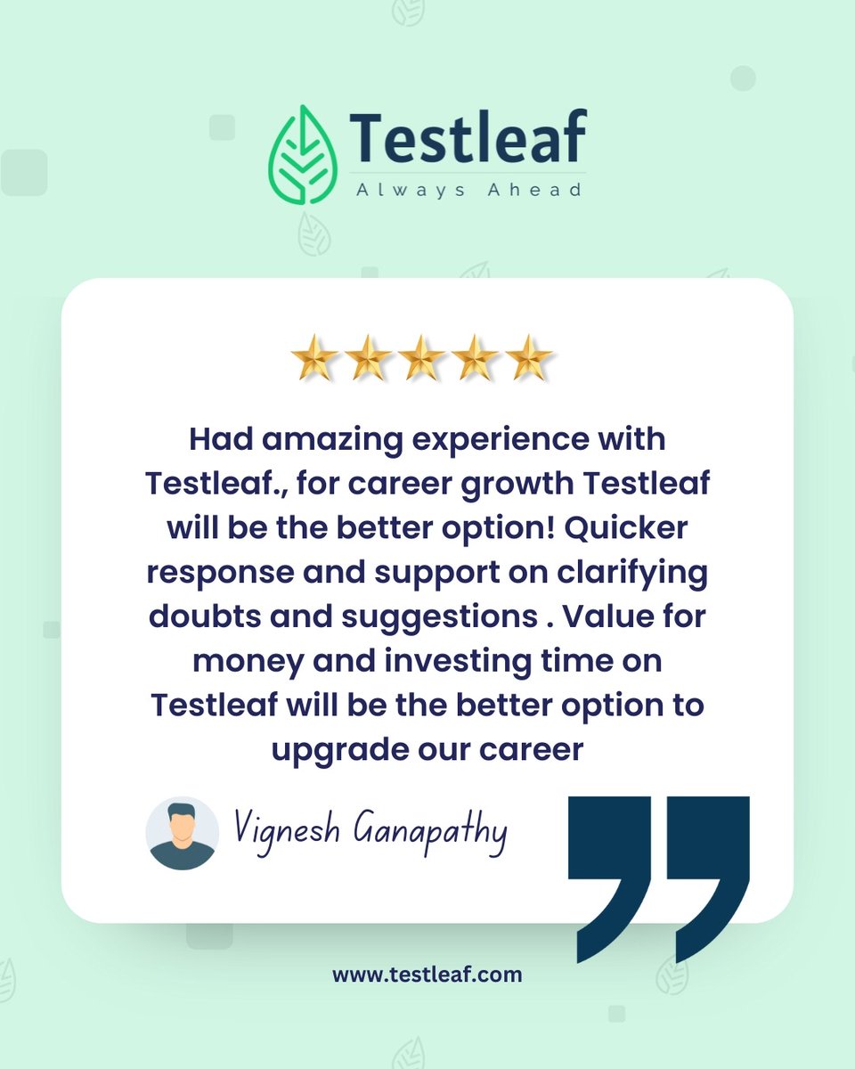 Testleaf1's tweet image. What&apos;s Testleaf all about?

You don&apos;t have to take our word for it! Take a look at what our students have to say.

🔗 testleaf.com

#Testleaf #SeleniumTraining #AutomationJourney #QACommunity #TestAutomation #LearnWithExperts #StudentSuccess #TechCareer #AlwaysAhead