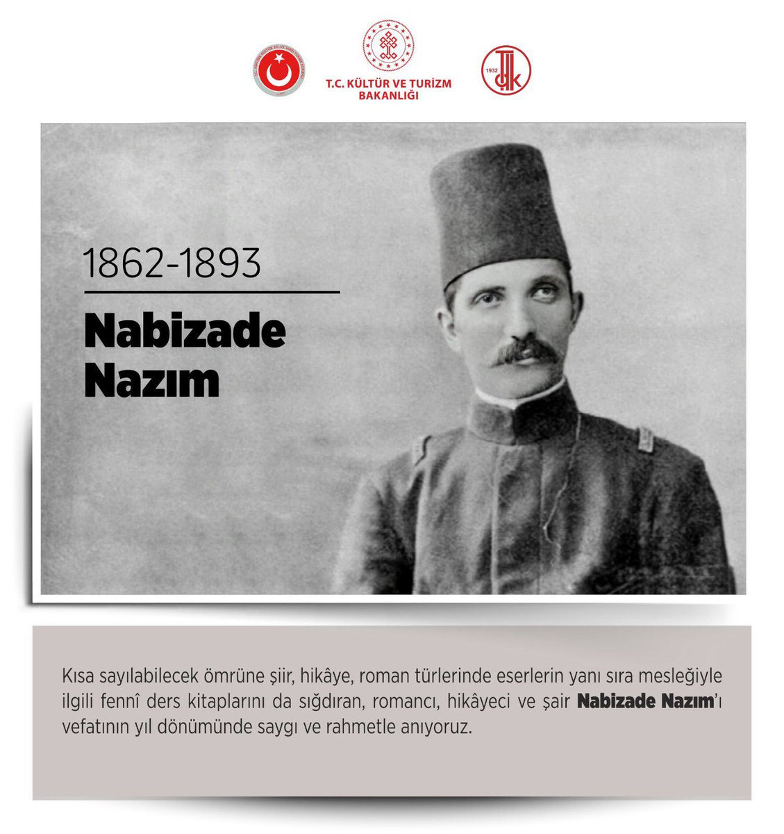 📌Türk edebiyatının önemli kalemlerinden, romancı, hikâyeci ve şair Nabizade Nazım’ı vefatının 132. yıl dönümünde saygı ve rahmetle anıyoruz.

#TarihteBugün
#NabizadeNazım