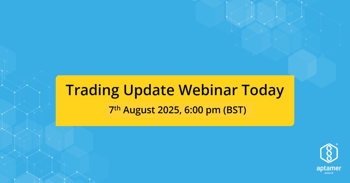 AptamerGroup's tweet photo. Don’t miss our investor webinar tonight at 6:00 pm (BST).
Our CEO, Arron Tolley, and CFO, Andrew Rapson, will be discussing the latest company developments highlighted in the recent trading update.
🔗 Register to join: https://t.co/ksfoU8rnDR
#APTA #investorrelations #irchat https://t.co/35nrvxSDtt
