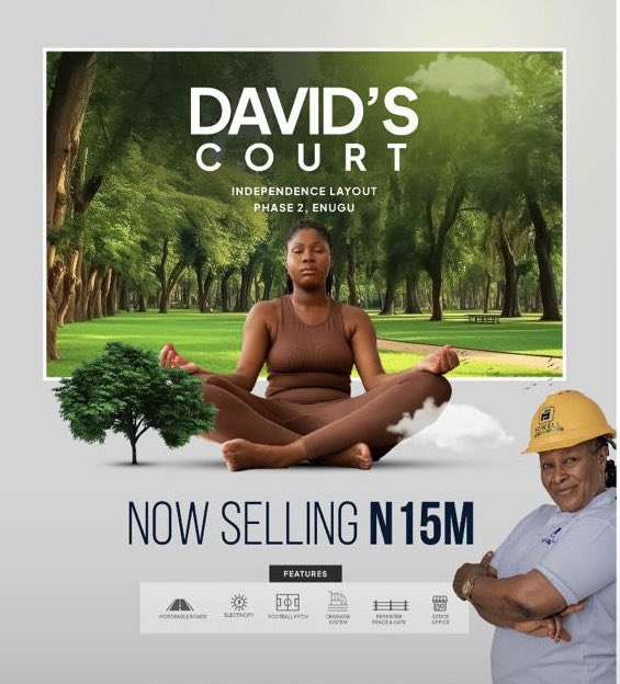 *DAVID’S COURT ESTATE* 

Enjoy serenity &amp; comfort when you invest in David’s Court Estate Enugu.

Location: Independence layout phase 2

Landmarks 🌴 
🌳 Proda Quarters
🌳New Kenyatta market
🏡Ugwuaji Fly-Over 
🏡Independence Layout
🏡Premier Layout, 
🚧Enugu/Portharcourt Express