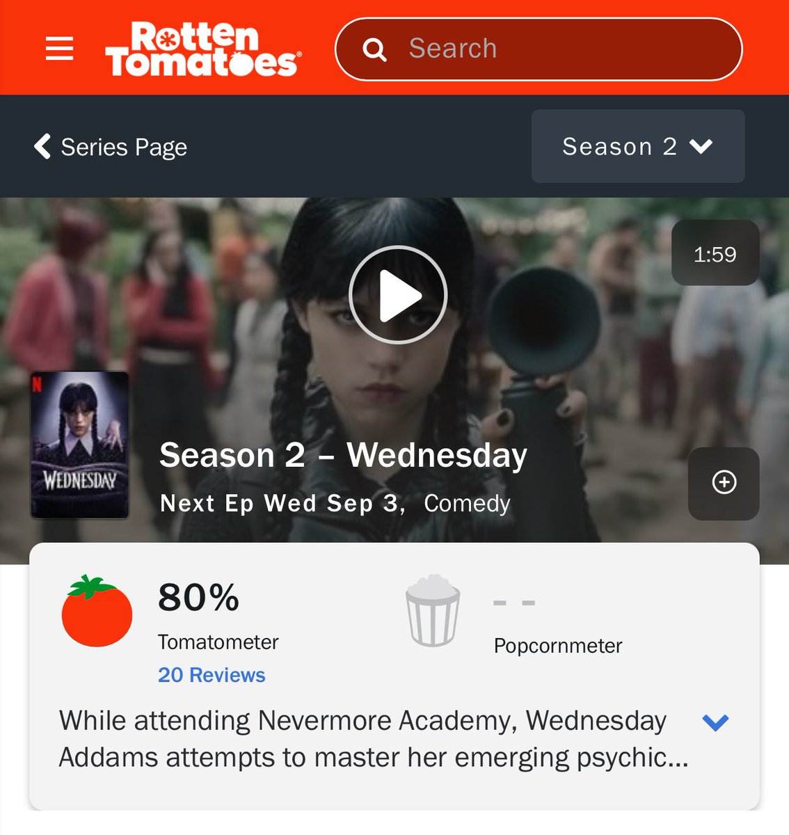 Wednesday Rotten Tomatoes ‘WEDNESDAY’ Season 2 debuts at 80% on Rotten Tomatoes. Part 1 is now on ...