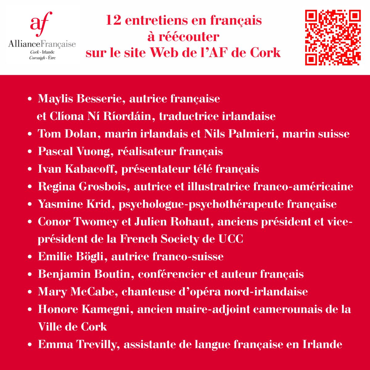 En attendant notre réouverture le 20 août, pourquoi ne pas réécouter les 12 entretiens de nos #podcasts en #français ?

alliancefrancaisecork.com/-Podcasts-