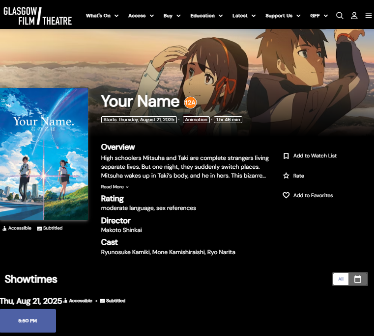 "Your Name." will be screened at 5:50 PM on Thursday, 21st August at Glasgow Film Theatre, Scotland☄️🌃
glasgowfilm.org/movie/your-name
