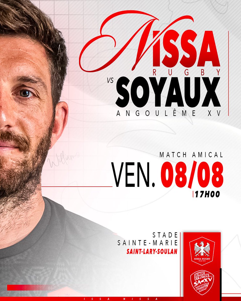 [MATCH AMICAL] 🔥

🏉 Nissa Rugby vs @saxv_charente_rugby 
🗓️ Vendredi 08 août 2025
🏟️ Stade Sainte-Marie - Saint-Lary-Soulan
⌚ 17h00

#IssaNissa #NissaRugby