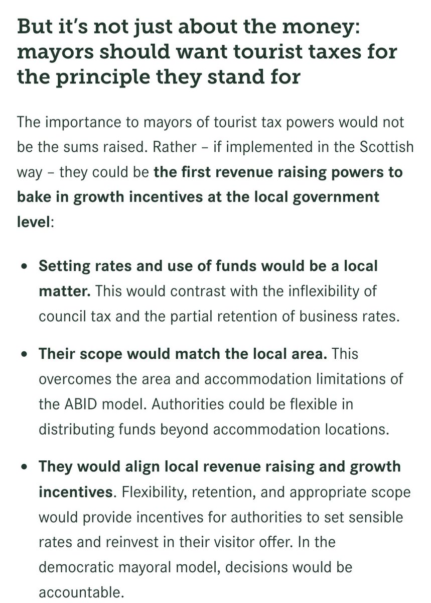 Great piece on tourist taxes. The important thing isn't the cash, it's that they will be a revenue source for mayors that grows if they help grow their local economy grows.

It's so important for the national economy to re-embed this principle back into English local government.