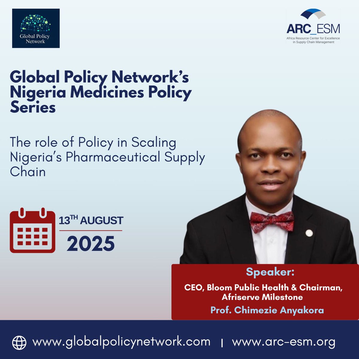 bloompubhealth's tweet photo. We’re pleased to share that our CEO, @drchimezie, will be joining high-level stakeholders for a strategic roundtable on Nigeria’s pharmaceutical supply chain.
🗓 Date: Wednesday, 13th August 2025
🕕Time: 6:00 – 7:30 PM (GMT+1)
@ARC_ESM #GlobalPolicyNetwork @bloompubhealth https://t.co/PciTJpnhrS