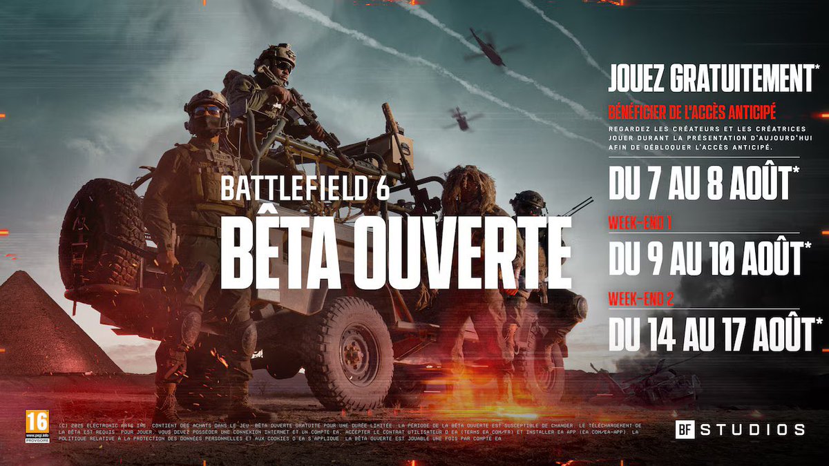 BF-France (@bf_france) on Twitter photo Nous avons 50 codes d’accès anticipés à faire gagner pour la bêta de #Battlefield6 !
Pour y participer, rien de plus simple:
🔵: Follow <a href="/BF_France/">BF-France</a> et <a href="/BattlefieldEAFR/">#Battlefield France</a>
🔁 :RT ce tweet
⏳: Résultat jeudi 6 aout à 21h
Merci <a href="/BattlefieldEAFR/">#Battlefield France</a> et <a href="/EA_France/">Estates Alliance FR</a> Nous avons 50 codes d’accès anticipés à faire gagner pour la bêta de #Battlefield6 !
Pour y participer, rien de plus simple:
🔵: Follow <a href="/BF_France/">BF-France</a> et <a href="/BattlefieldEAFR/">#Battlefield France</a>
🔁 :RT ce tweet
⏳: Résultat jeudi 6 aout à 21h
Merci <a href="/BattlefieldEAFR/">#Battlefield France</a> et <a href="/EA_France/">Estates Alliance FR</a>