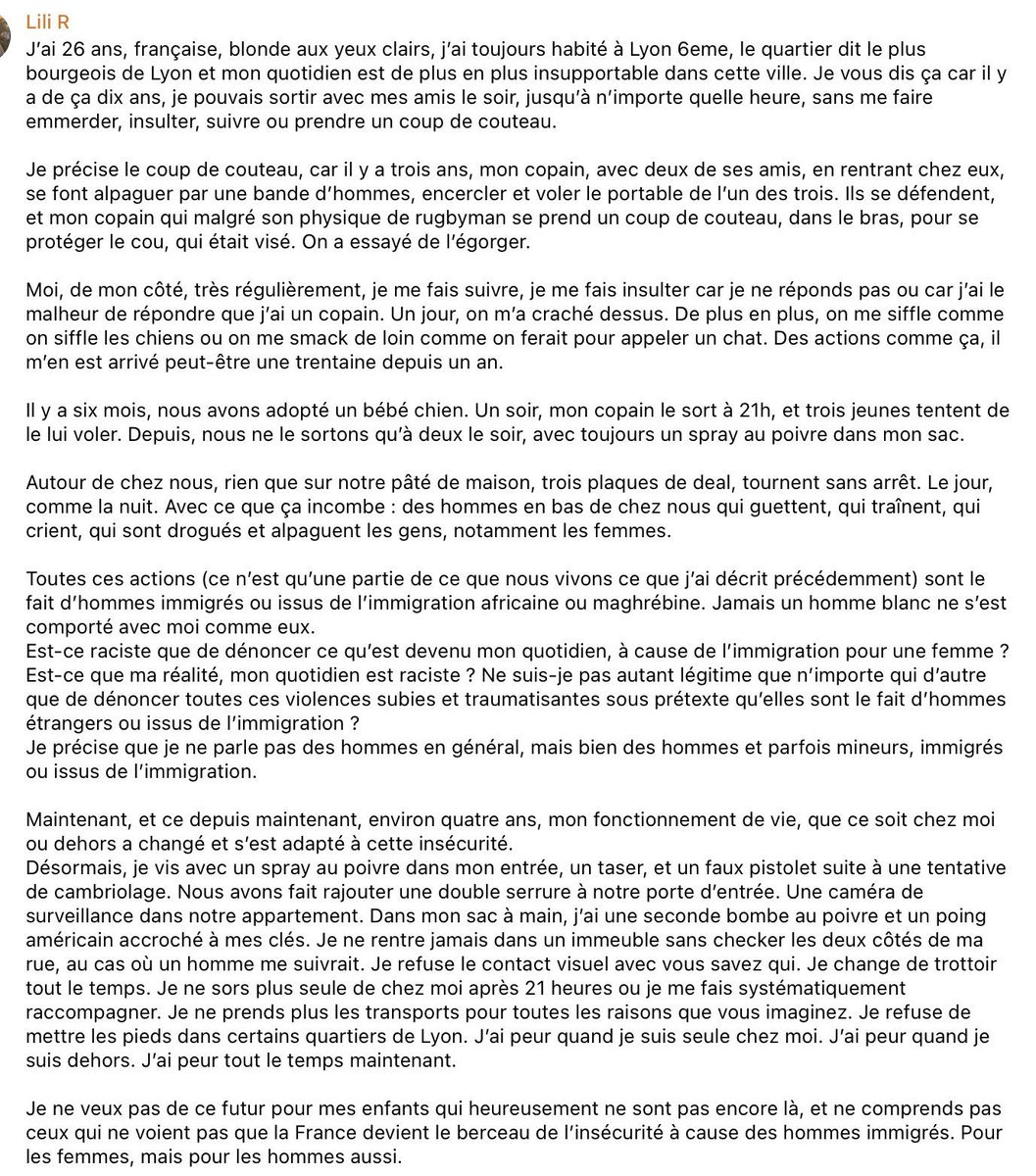 realMaalouf's tweet image. A French woman’s plea for help:

"I am 26 years old, blonde, with light eyes, and I have always lived in the 6th arrondissement of Lyon, which is thought of as the poshest area in Lyon, and my daily life has become unbearable. I write this because, ten years ago, I could go out