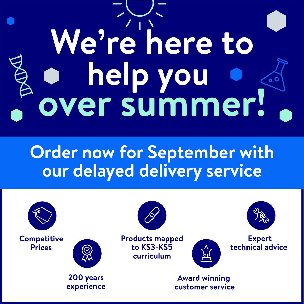 Calling into the prep room over Summer?

We're here to help with expert technical advice and customer service

Order now and delay delivery until school reopens in September. So you can be rest assured you'll have everything you need to get the academic year off to a great start!
