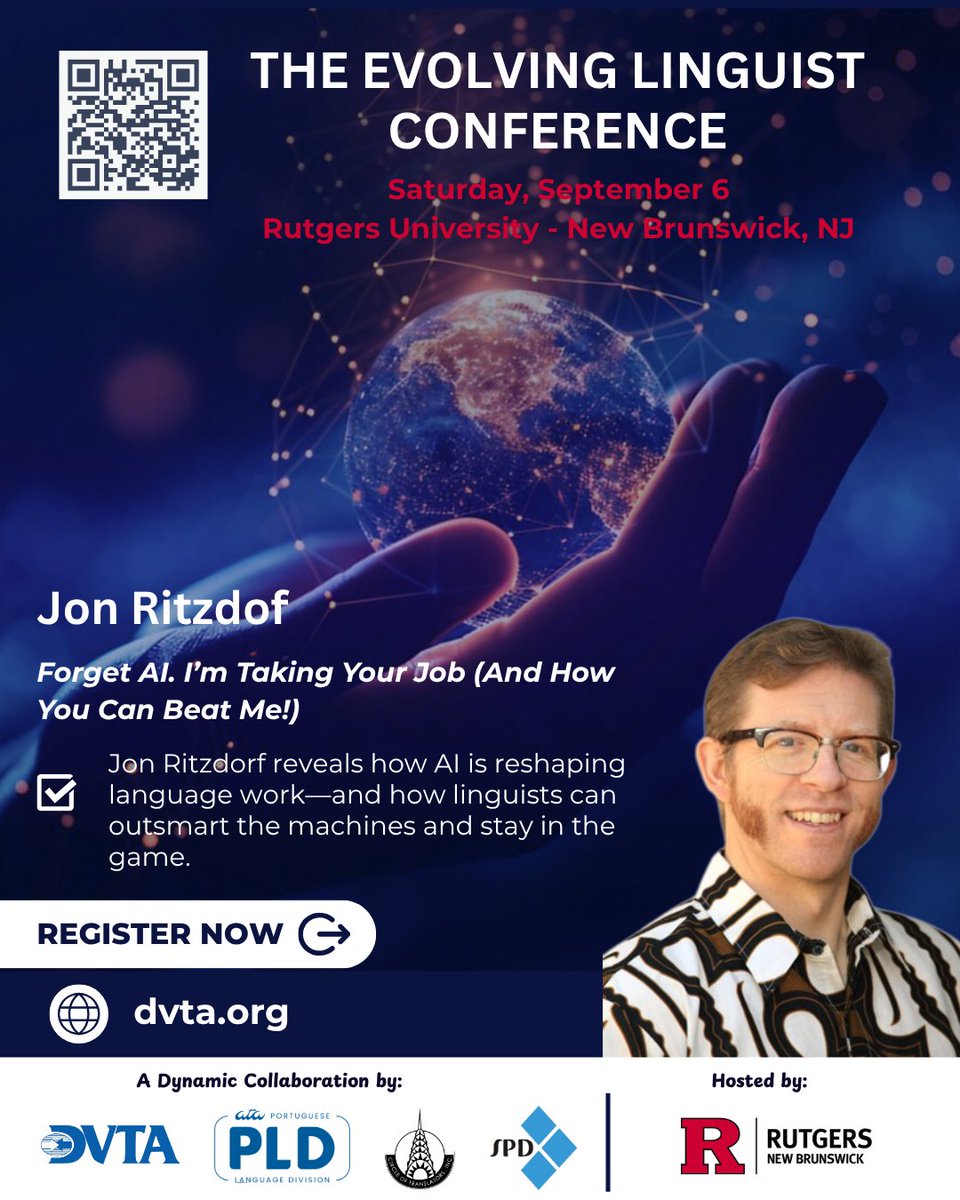 ATASpanishDiv's tweet image. 🤖 “My job is to take your job with AI.”
Jon Ritzdorf shares how tech is reshaping our industry—and how you can outsmart the bots.
📍 Sept 6 | Rutgers
🔗 dvta.org/annual-confere…
#EvolvingLinguistConf #AIinTranslation #LanguageTech #TranslatorsVsAI
