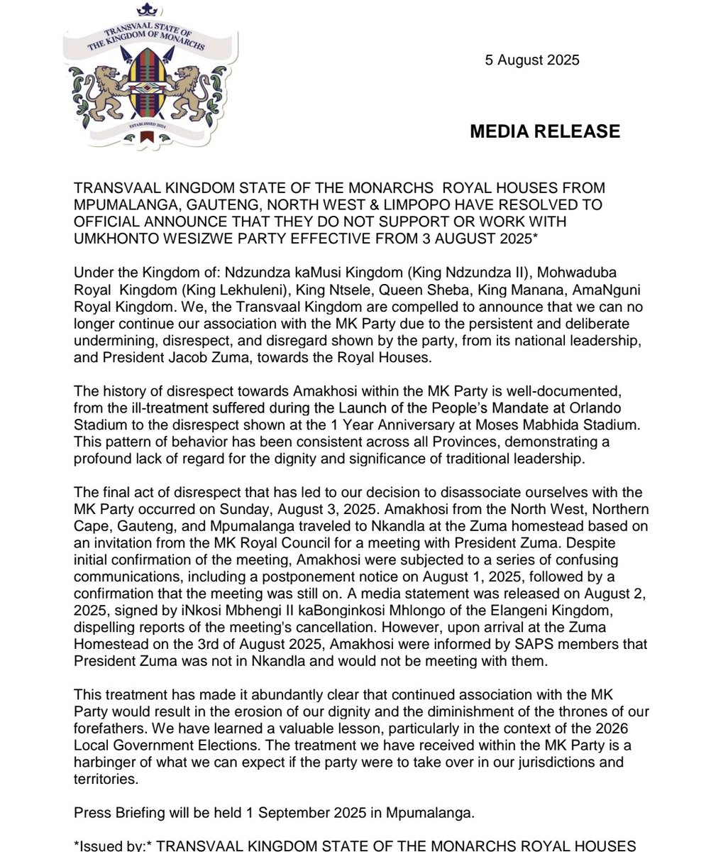 NEWS: A group of Amakhosi from the former Transvaal province have announced that they are cutting ties with the MK Party.
They cited perennial disrespect by the party and its leader, former President Jacob Zuma, as their reason behind their decision to abruptly cut the ties with