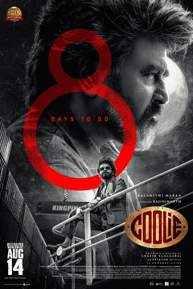 sunpictures's tweet photo. Are you ready for the explosive faceoff? 8 days to go for #Coolie 💥🔥

#Coolie releasing worldwide August 14th 

@rajinikanth @Dir_Lokesh @anirudhofficial #AamirKhan @iamnagarjuna @nimmaupendra #SathyaRaj #SoubinShahir @shrutihaasan @hegdepooja @anbariv @girishganges @philoedit @ArtSathees @iamSandy_Off @Dir_Chandhru @PraveenRaja_Off @RIAZtheboss
#CoolieFromAug14 #CoolieThePowerHouseFromAug14