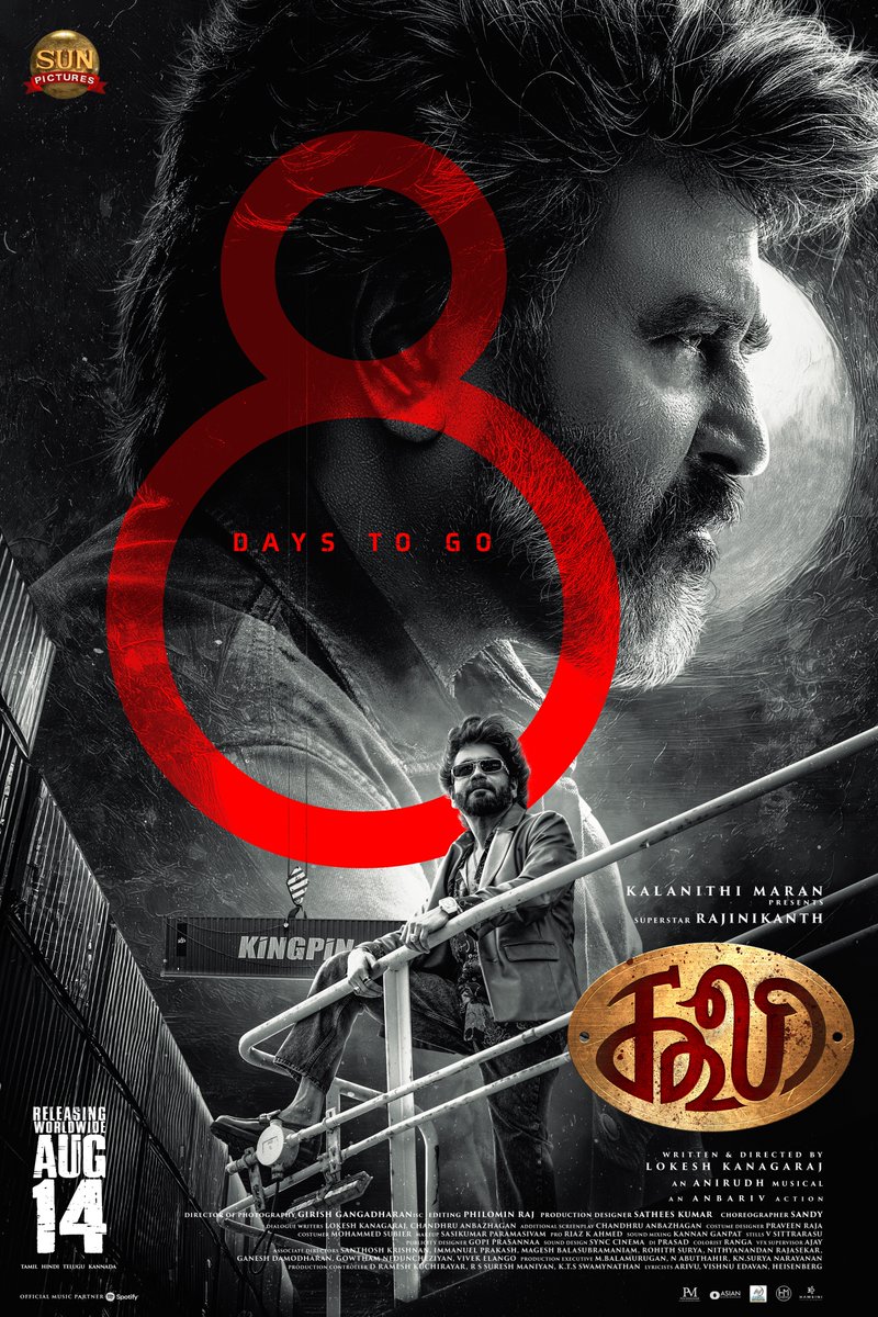 sunpictures's tweet photo. Are you ready for the explosive faceoff? 8 days to go for #Coolie 💥🔥

#Coolie releasing worldwide August 14th 

@rajinikanth @Dir_Lokesh @anirudhofficial #AamirKhan @iamnagarjuna @nimmaupendra #SathyaRaj #SoubinShahir @shrutihaasan @hegdepooja @anbariv @girishganges @philoedit @ArtSathees @iamSandy_Off @Dir_Chandhru @PraveenRaja_Off @RIAZtheboss
#CoolieFromAug14 #CoolieThePowerHouseFromAug14