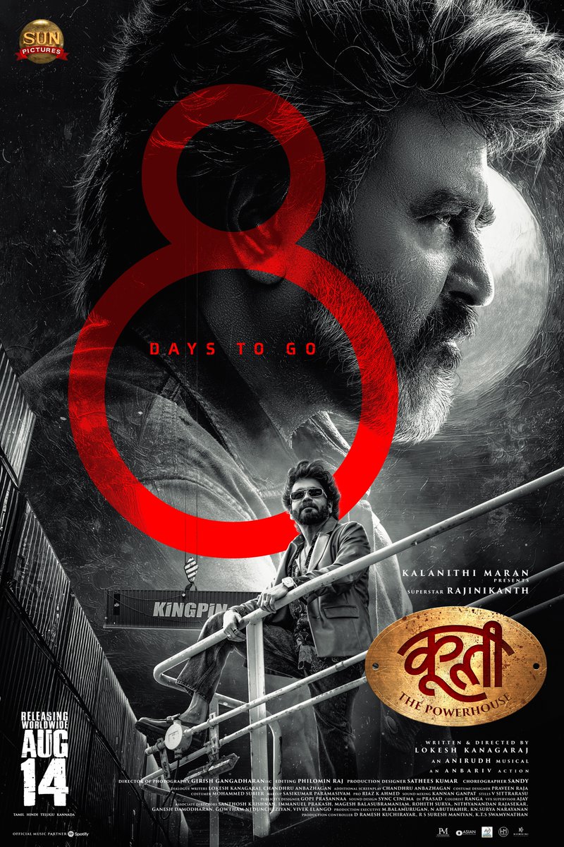 sunpictures's tweet photo. Are you ready for the explosive faceoff? 8 days to go for #Coolie 💥🔥

#Coolie releasing worldwide August 14th 

@rajinikanth @Dir_Lokesh @anirudhofficial #AamirKhan @iamnagarjuna @nimmaupendra #SathyaRaj #SoubinShahir @shrutihaasan @hegdepooja @anbariv @girishganges @philoedit @ArtSathees @iamSandy_Off @Dir_Chandhru @PraveenRaja_Off @RIAZtheboss
#CoolieFromAug14 #CoolieThePowerHouseFromAug14