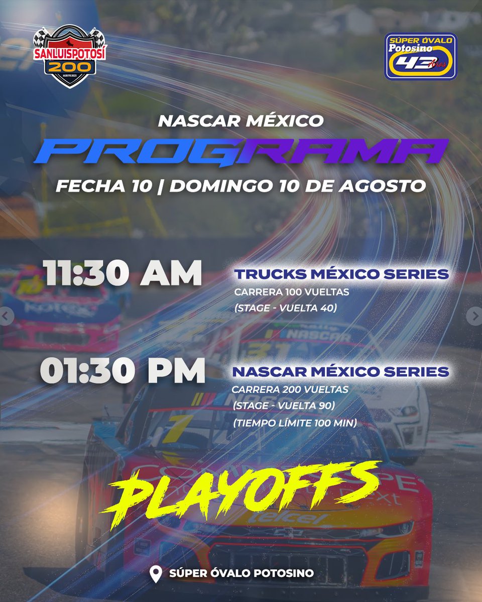 No te pierdas el inicio de los Playoffs de la temporada 2025 en San Luis Potosí 🌵🤩

🔥 Fecha 10 | NASCAR México Series
🗓️ Domingo 10 Agosto 2025
📍 Súper Óvalo Potosino

#nascar #nascarracing #nascarplayoffs #nascarméxico #automovilismo #velocidad #sanluispotosi